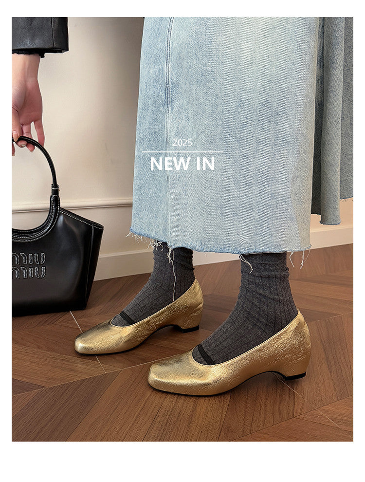 Karin Luna In Stock Spot Goods    Retro Elastic Band Chunky Heel Single Shoes