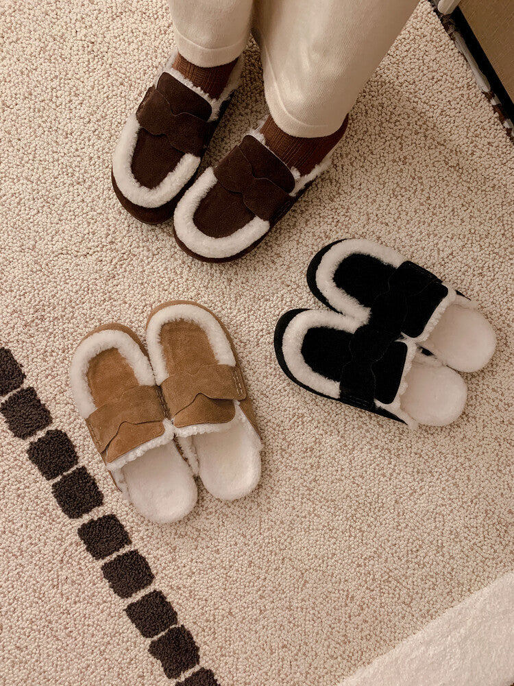 Karin Luna In Stock Look~This is such thick lamb wool Winter Atmosphere！Cowhide Leather Lamb Wool Round Toe Flat Sole Half Support！
