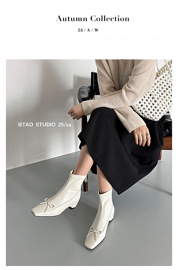 Karin Luna French Style Square Toe Bowknot Hidden Wedge Slim Boots