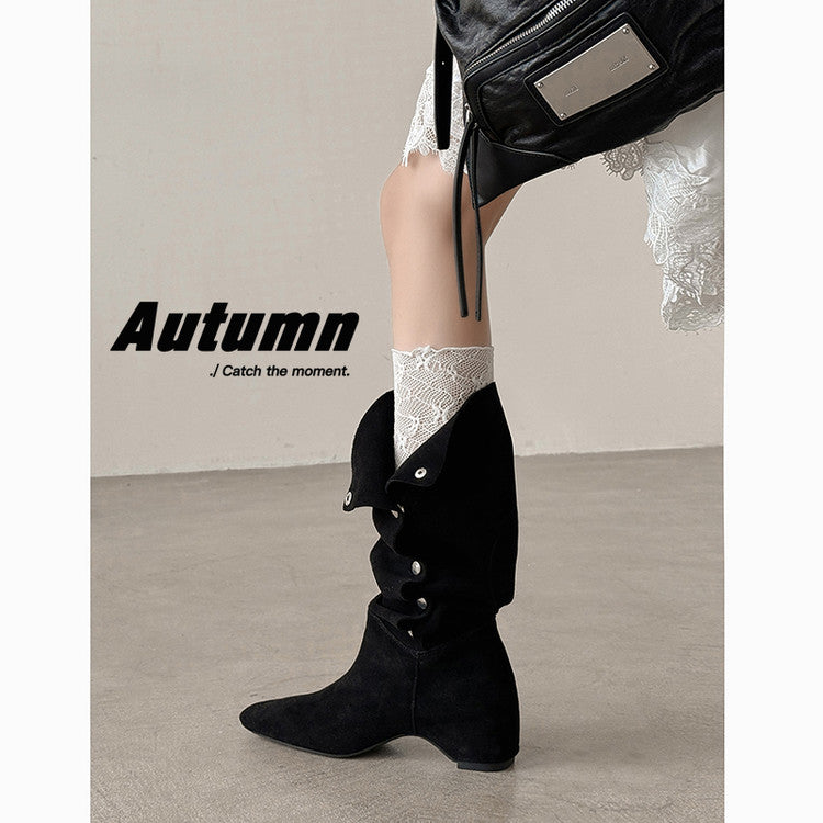 Karin Luna Bestseller Hot-Selling Hidden Buckle Lazy Style Square-Toe Height-Increasing Suede Western Boots