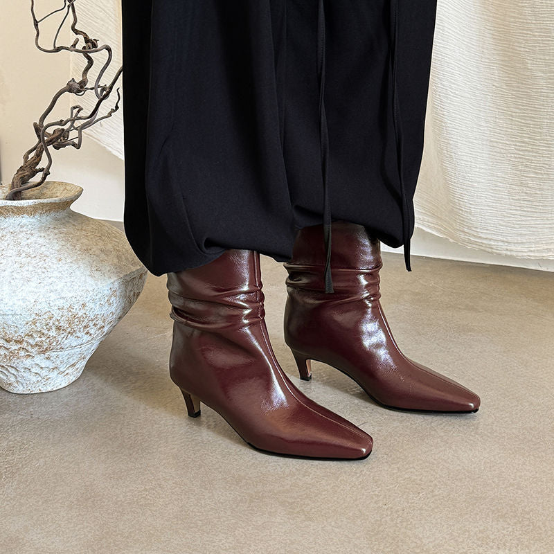 Karin Luna In Stock Spot Goods  Retro Wrinkled Small Square Toe Short Boots