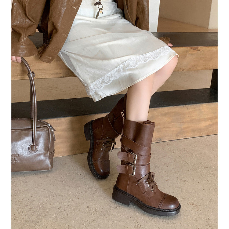 Karin Luna Bestseller Hot-Selling Large Tube Leather Belt Buckle Round Toe Thick-Soled Short Boots