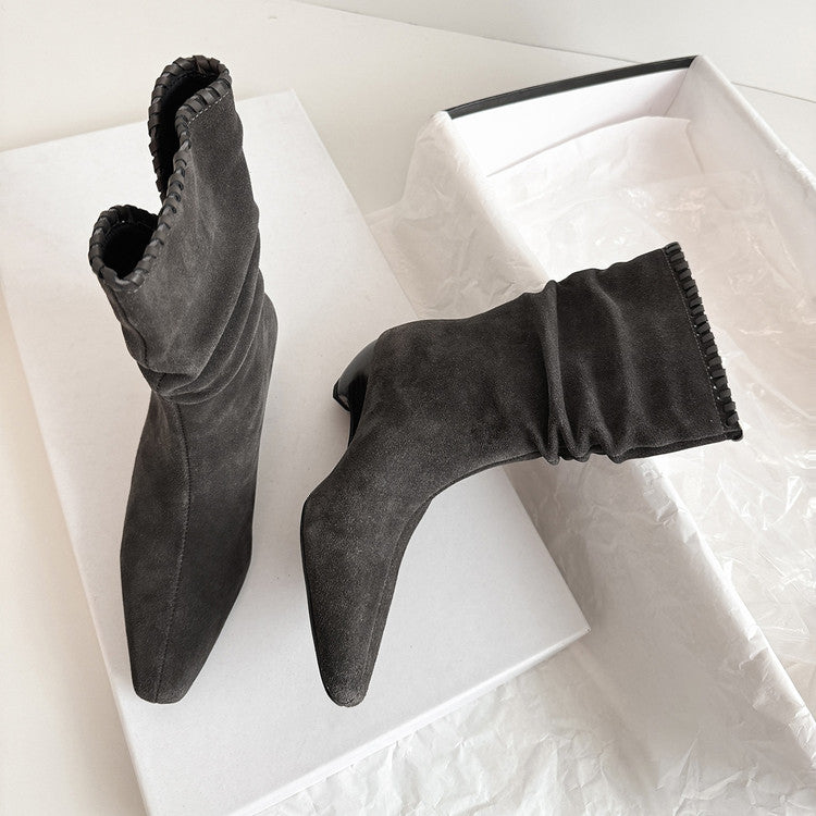 Karin Luna Elegant Style Small Square Toe Pleated Short Boots