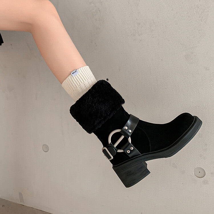 Karin Luna Genuine Lamb Wool and Cowhide Leather Hot-selling Metal Buckle Round Toe Chunky Heel Main Push Main Push
