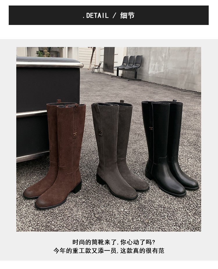 Karin Luna In Stock Spot Goods Basic Retro Square Toe Chunky Heel Riding Boots