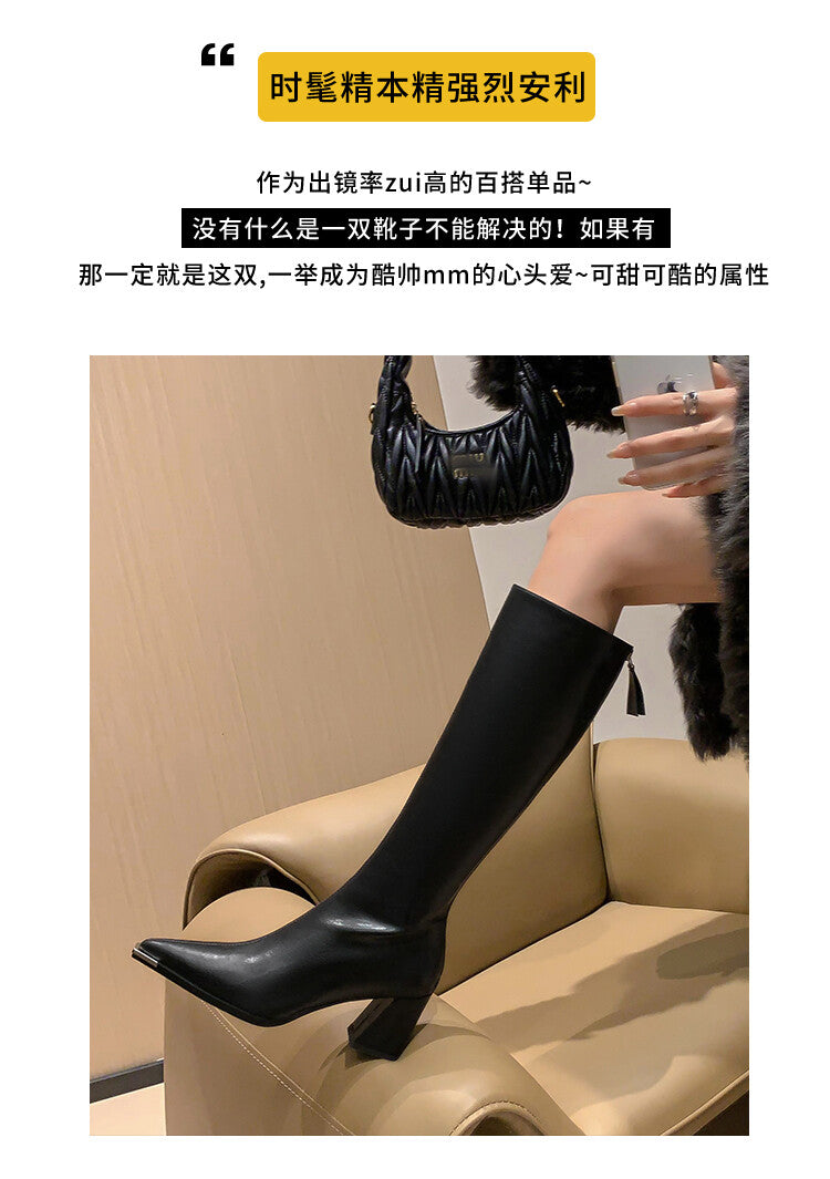 Karin Luna In Stock  In Stock Elegant Metal Pointed Toe Chunky Heel Full Cowhide Leather Riding Boots