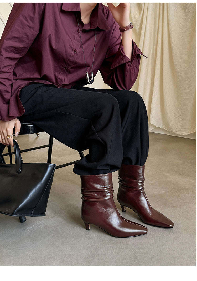 Karin Luna In Stock Spot Goods  Retro Wrinkled Small Square Toe Short Boots