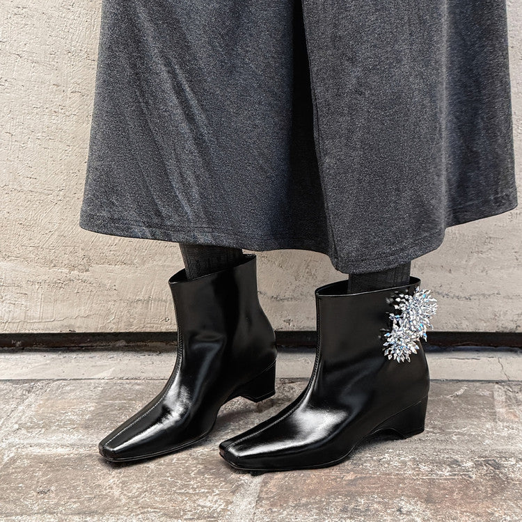 Karin Luna Elegant Style Square Toe Flower Design Height Increasing Short Boots with Two Front and Back Options