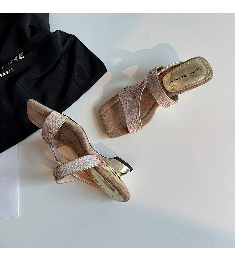 Karin Luna Fish Skin Series~Minimalist Square Toe Popular Irregular Heel Slippers