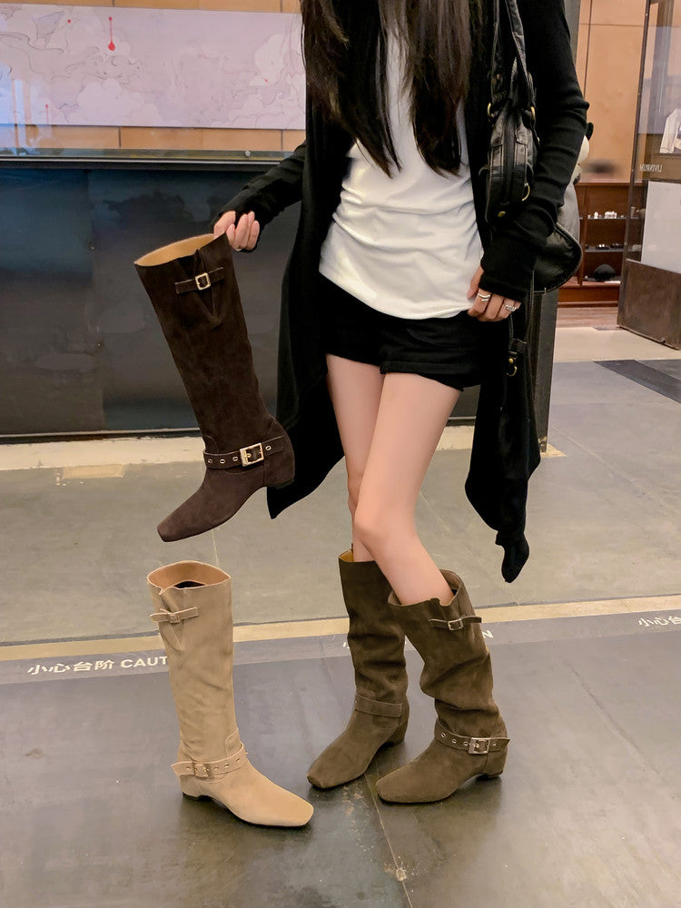 Karin Luna Data Model Belt Buckle Matte Square Toe Hidden Wedge Slouch Western Boots