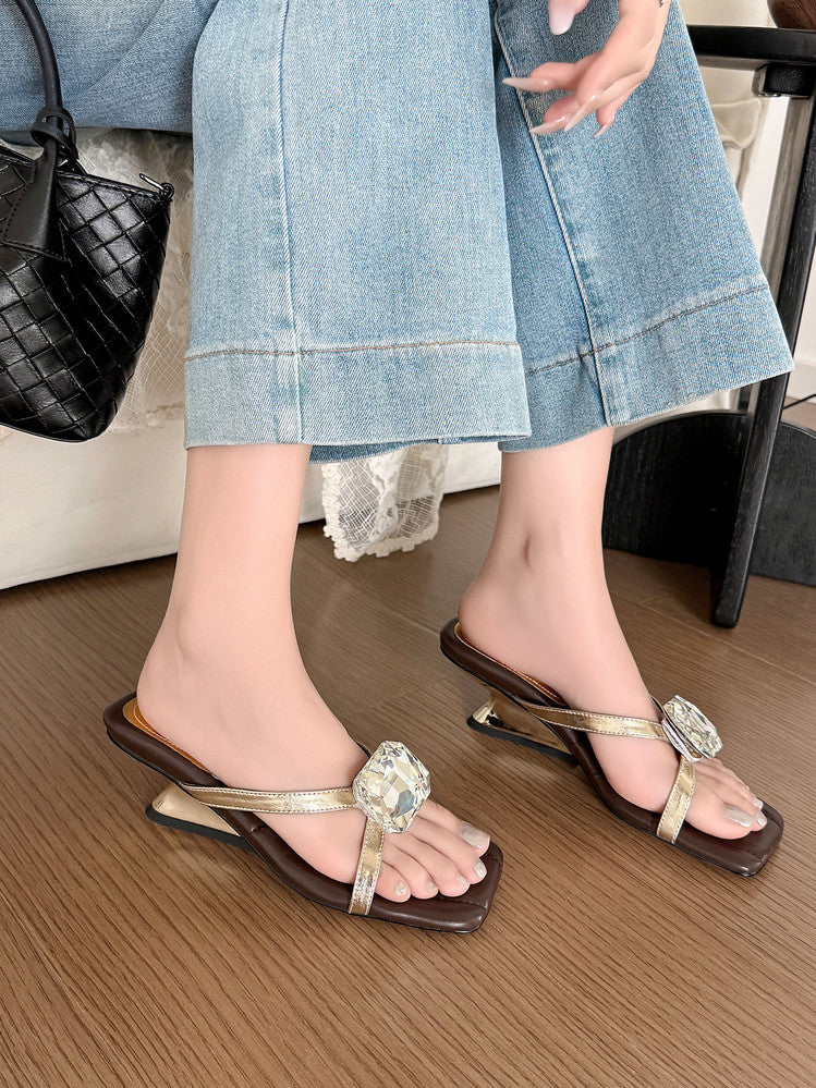 Karin Luna In Stock Spot Goods Rhinestone Square Toe Irregular Heel Slippers