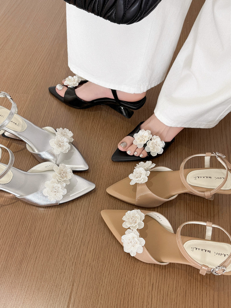 Karin Luna In Stock Spot Goods  Classic Camellia Pointed Toe Elegant Irregular Heel Sandals