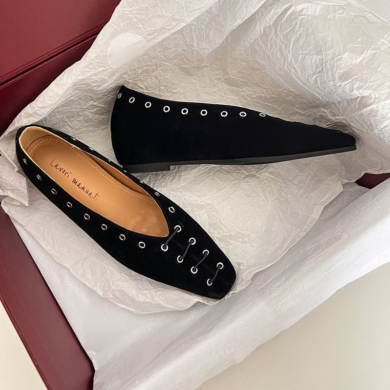 Karin Luna In Stock Spot Goods    Old Money Style Square Toe Suede Flats