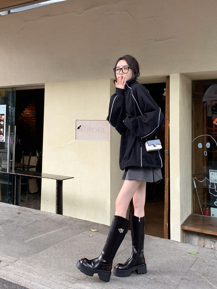 Karin Luna In Stock In Stock  Round Toe Thick Sole Belt Buckle Side Zipper Knight Boots