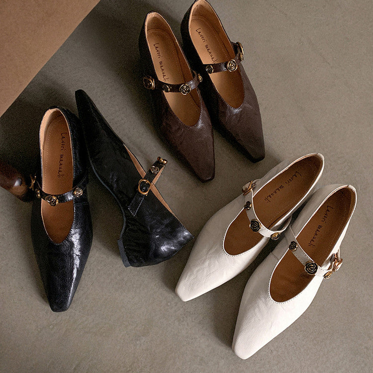 Karin Luna In Stock Spot Goods    Retro Classic Metal Camellia Irregular Heel Single Shoes