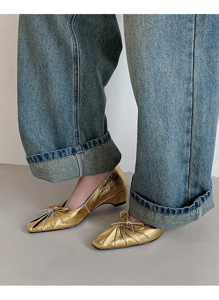 Karin Luna French Style Wrinkled Square Toe Height-Increasing Flats