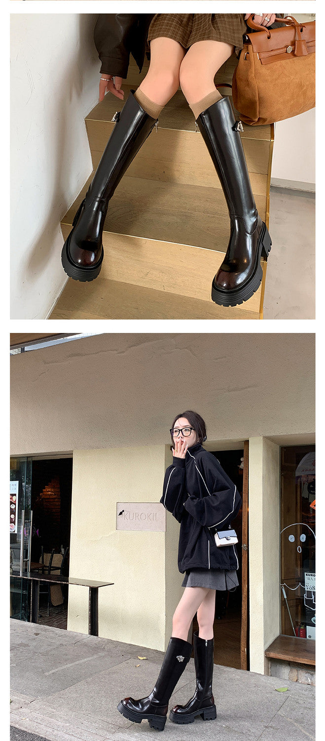 Karin Luna In Stock In Stock  Round Toe Thick Sole Belt Buckle Side Zipper Knight Boots