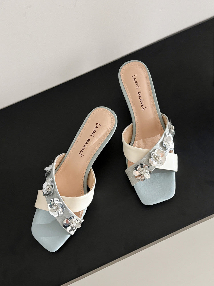 Karin Luna In Stock Spot Goods  Sequin Floral Cross Strap Square Toe Stiletto Slippers