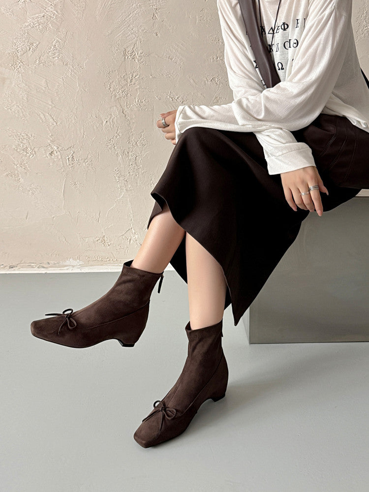 Karin Luna French Style Square Toe Bowknot Hidden Wedge Slim Boots