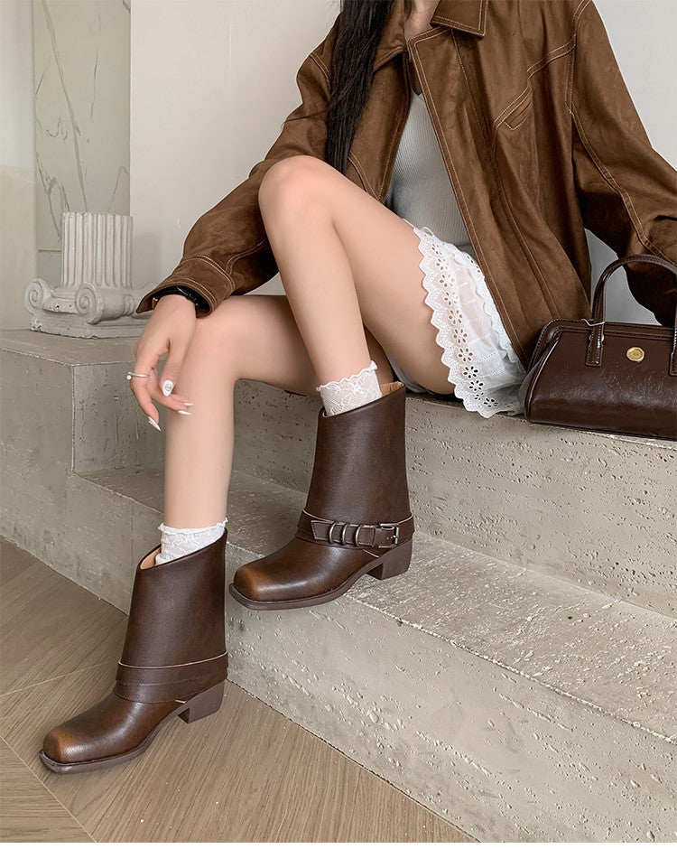 Karin Luna Elegant Style Square Toe Belt Buckle Pants Boot Short Boots