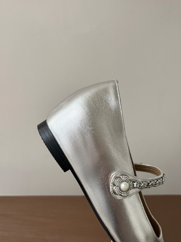 Karin Luna In Stock In Stock ~Metal One-Strap Pearl Small Square Toe Height-Increasing Flats