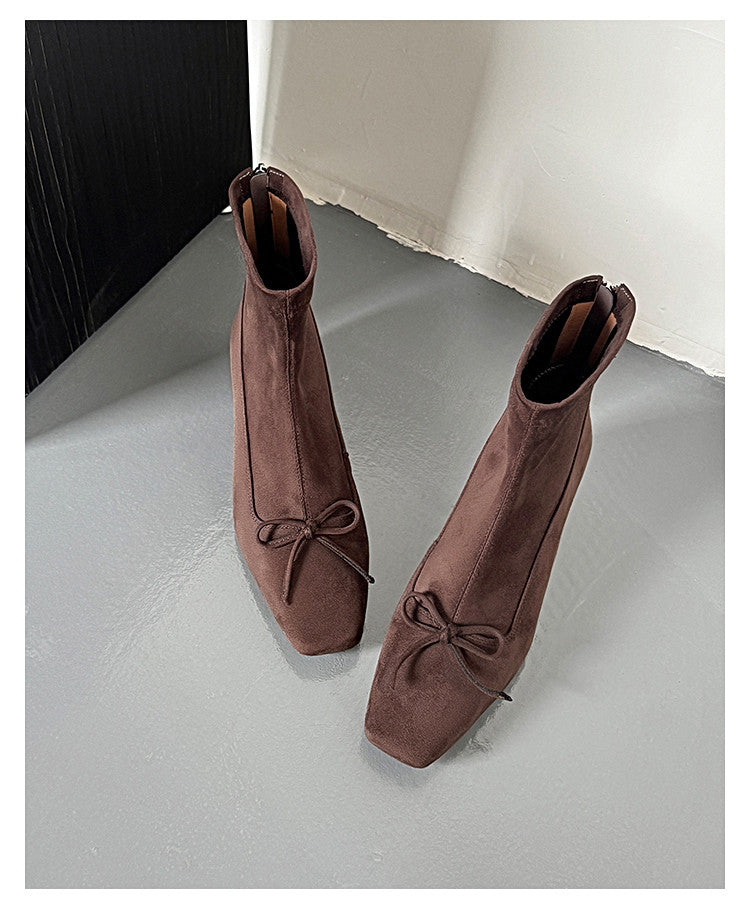 Karin Luna French Style Square Toe Bowknot Hidden Wedge Slim Boots