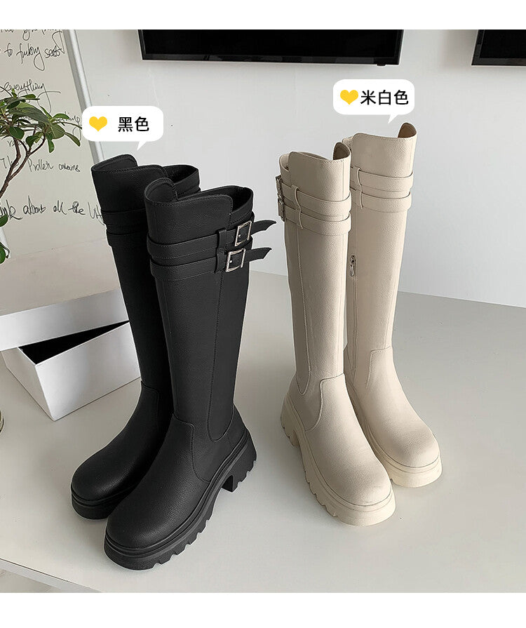 Karin Luna In Stock Best-selling in stock   Super Soft Sheepskin  Round Toe Thick Sole Vintage Belt Buckle Long Boots