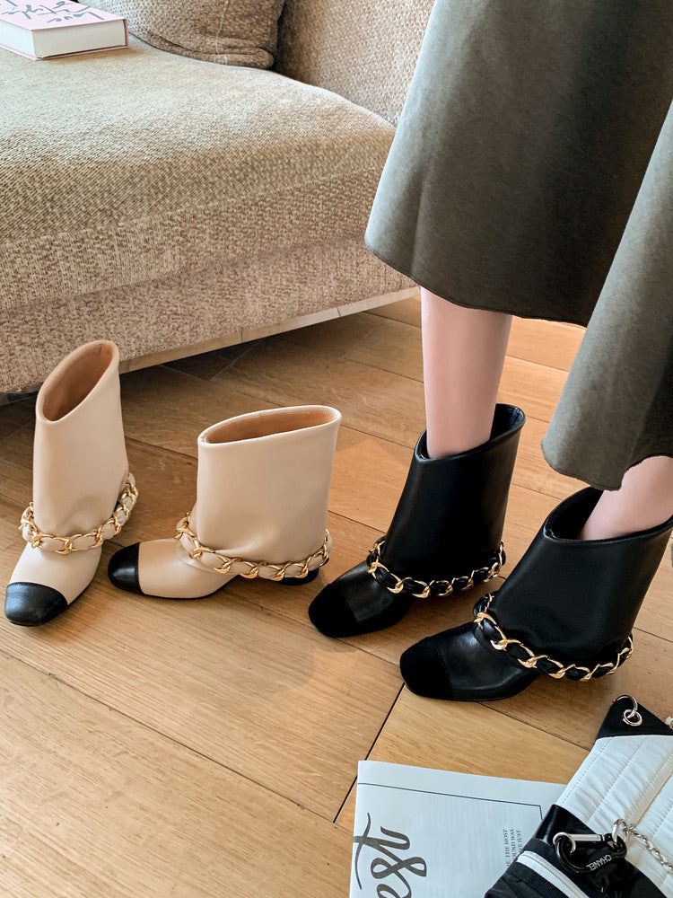 Karin Luna Classic Style Xiangjia Style Chunky Heel Chain Ankle Boots