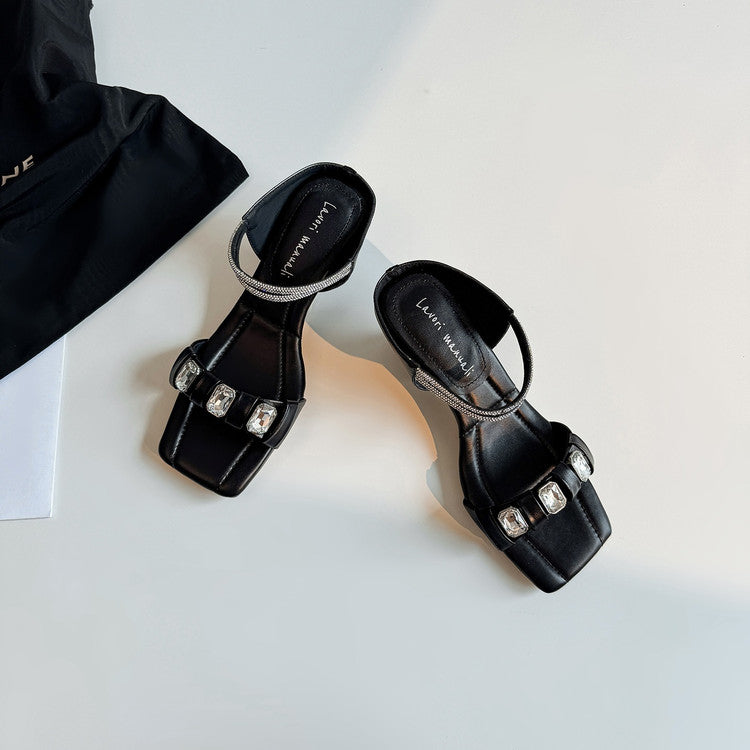Karin Luna Bestseller Popular Rhinestone Ribbon Square Toe Slippers