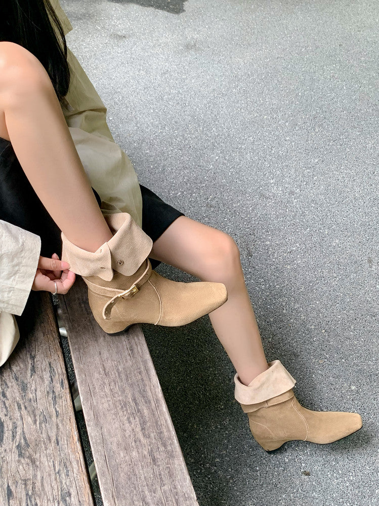 Karin Luna Foldable Belt Buckle Square Toe Hidden Wedge Short Boots