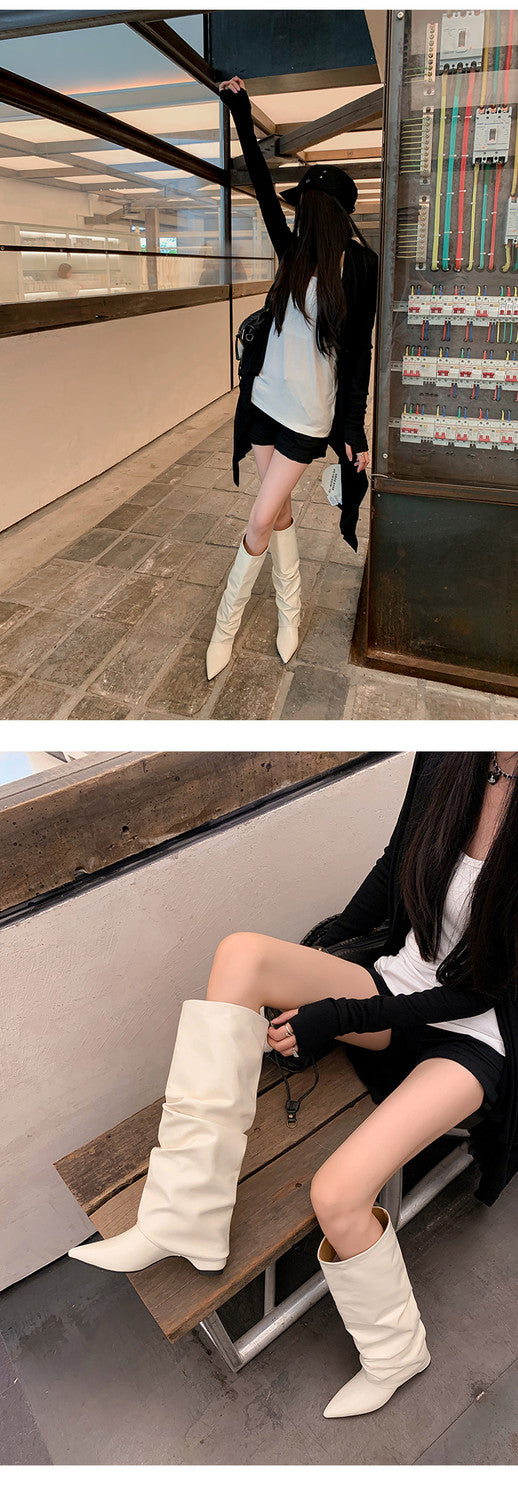 Karin Luna Elegant Style Pointed Toe Hidden Wedge Long Boots