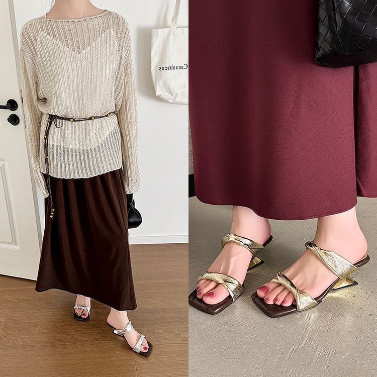 Karin Luna In Stock  Spot Goods   Square Toe One-Strap Irregular Heel Slippers