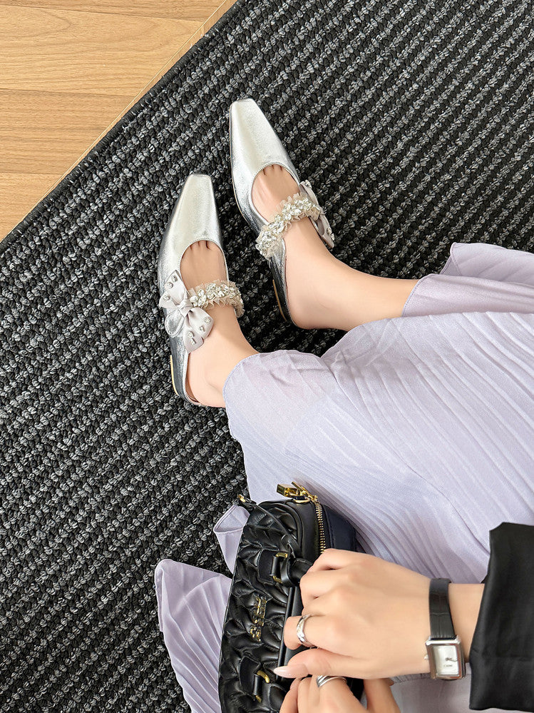 Karin Luna Handmade One-Strap Rhinestone Ribbon Square-Toe Mules
