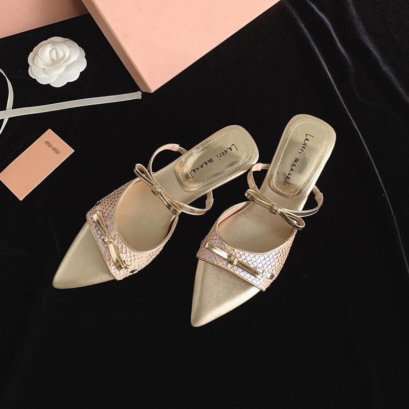 Karin Luna Fish Skin Series~Pointed Toe Irregular Heel Bowknot Strap Slippers
