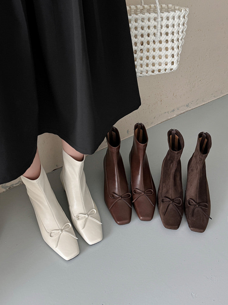 Karin Luna French Style Square Toe Bowknot Hidden Wedge Slim Boots