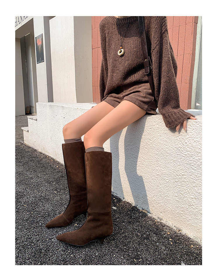 Karin Luna In Stock Spot Goods Retro Cowhide Pointed Toe Stiletto Elegant Long Boots