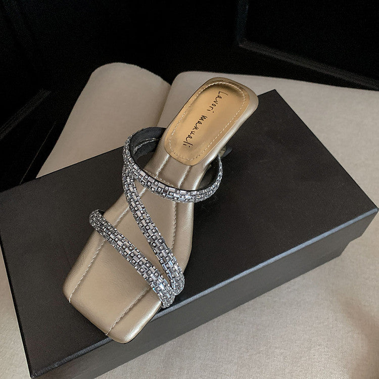 Karin Luna In Stock Spot Goods  Rhinestone One-Strap Irregular Heel Square-Toe Slippers