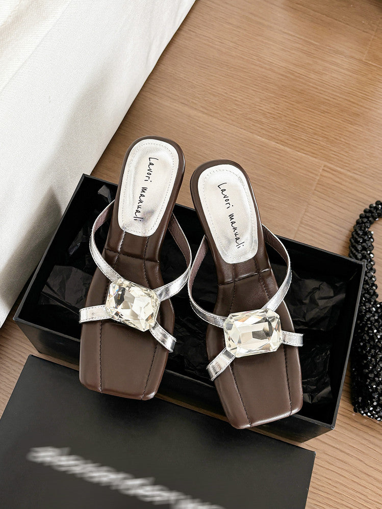 Karin Luna In Stock Spot Goods Rhinestone Square Toe Irregular Heel Slippers