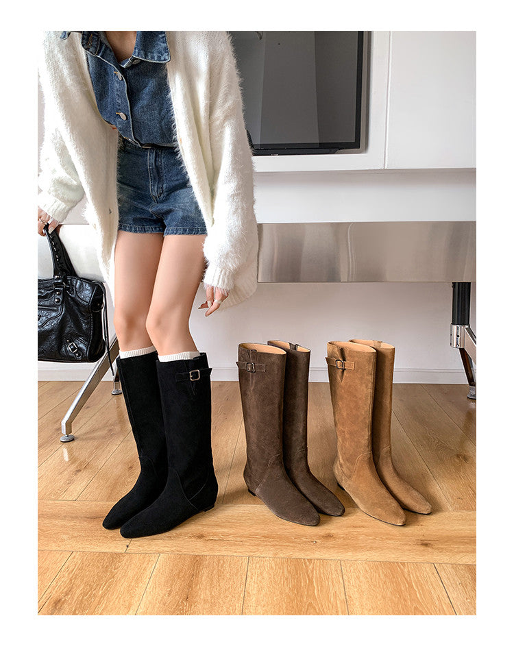 Karin Luna In Stock Spot Goods Vintage Cowhide Leather Chunky Heel Height Increasing Long Boots