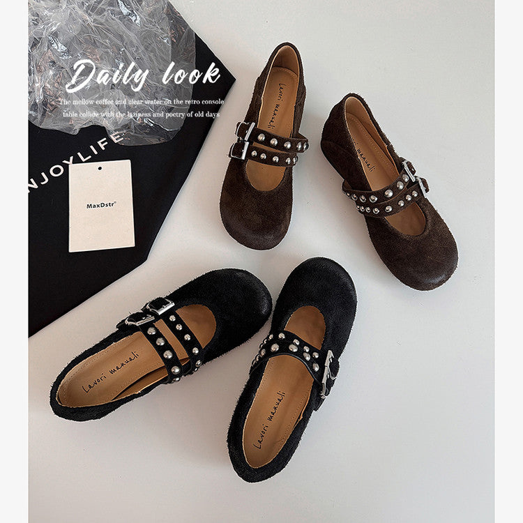 Karin Luna Hot Item Hot Item Punk Style One-Strap Round-Toe Suede Leather Height-Increasing Flats