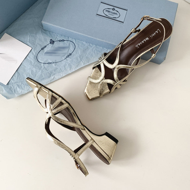 Karin Luna French Hollow Style Small Square Toe Chunky Heel Sandals