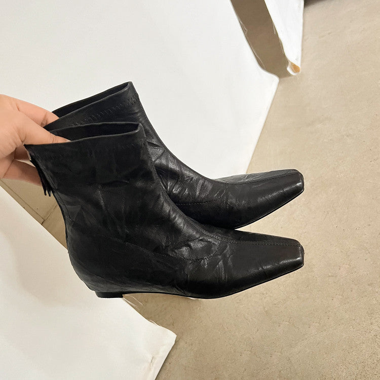 Karin Luna In Stock Spot Goods Slim Series  Hidden Wedge Small Square Toe Back Zipper Short Boots