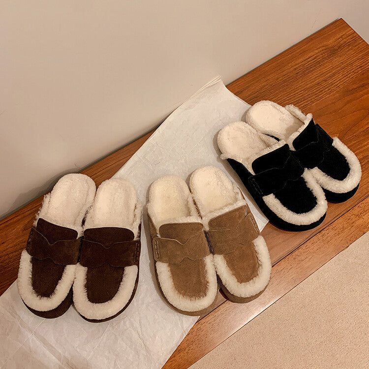 Karin Luna In Stock Look~This is such thick lamb wool Winter Atmosphere！Cowhide Leather Lamb Wool Round Toe Flat Sole Half Support！