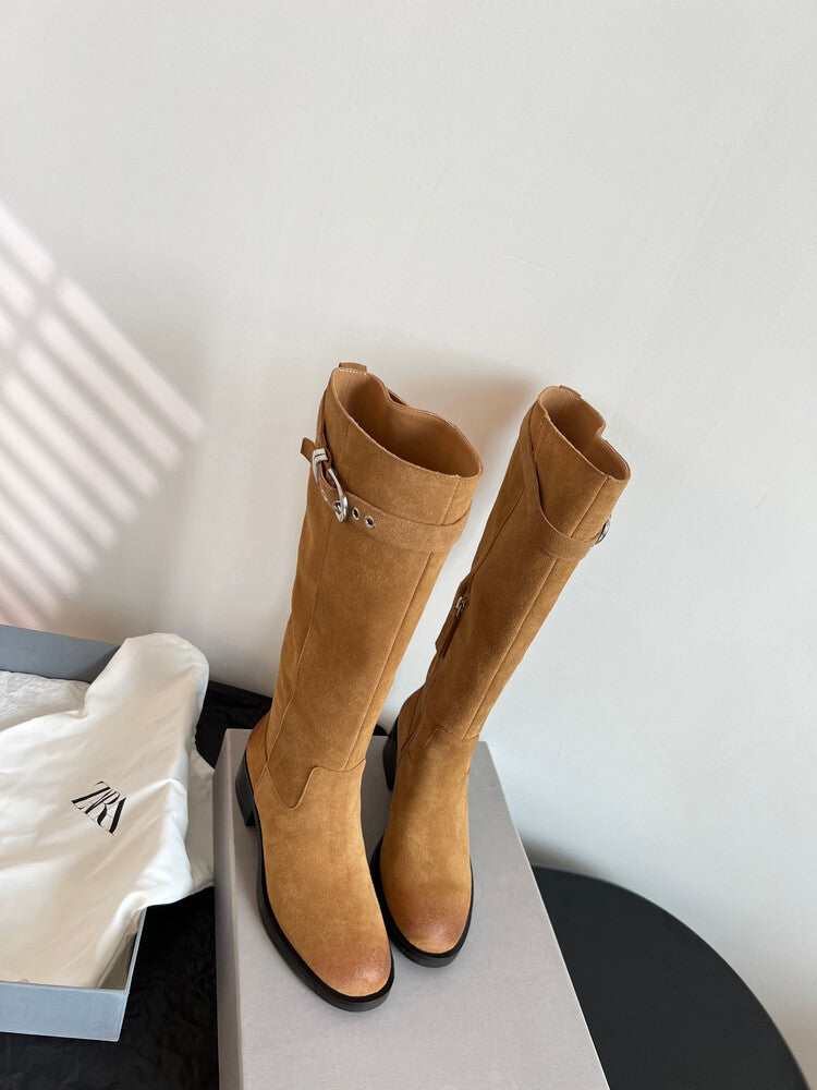 Karin Luna Chunky Heels Round Head Belt Buckle  Fashionable Suede Boots