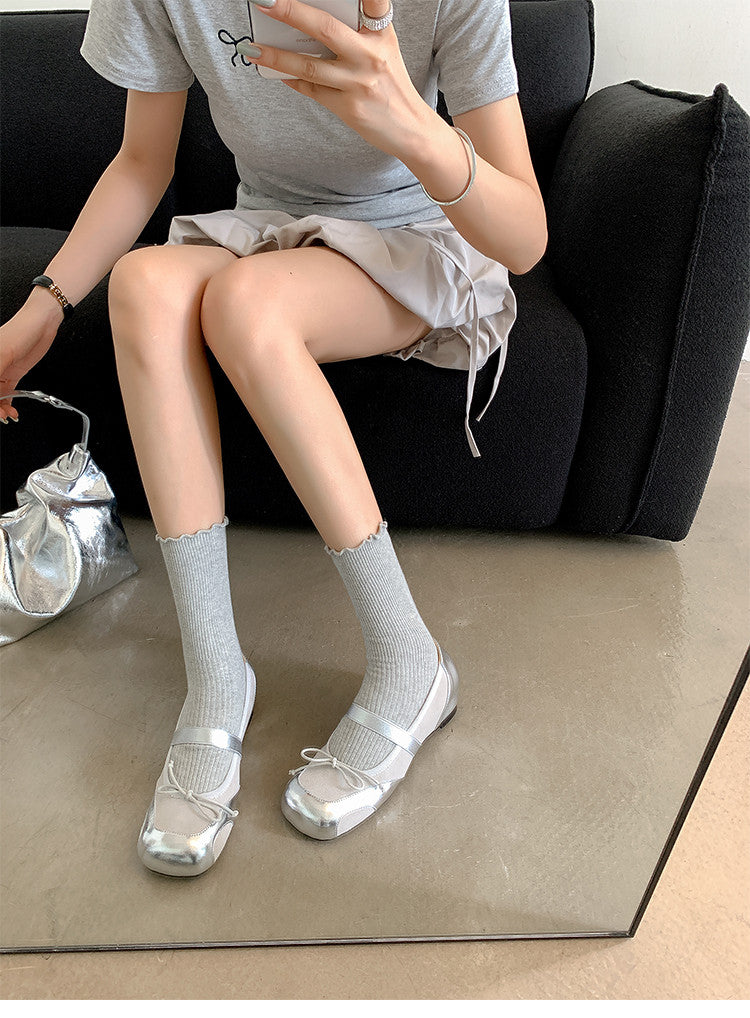 Karin Luna In Stock Spot Goods    Color Block Cowhide Leather Square Toe Slip-On Height Increasing Bowknot Flats