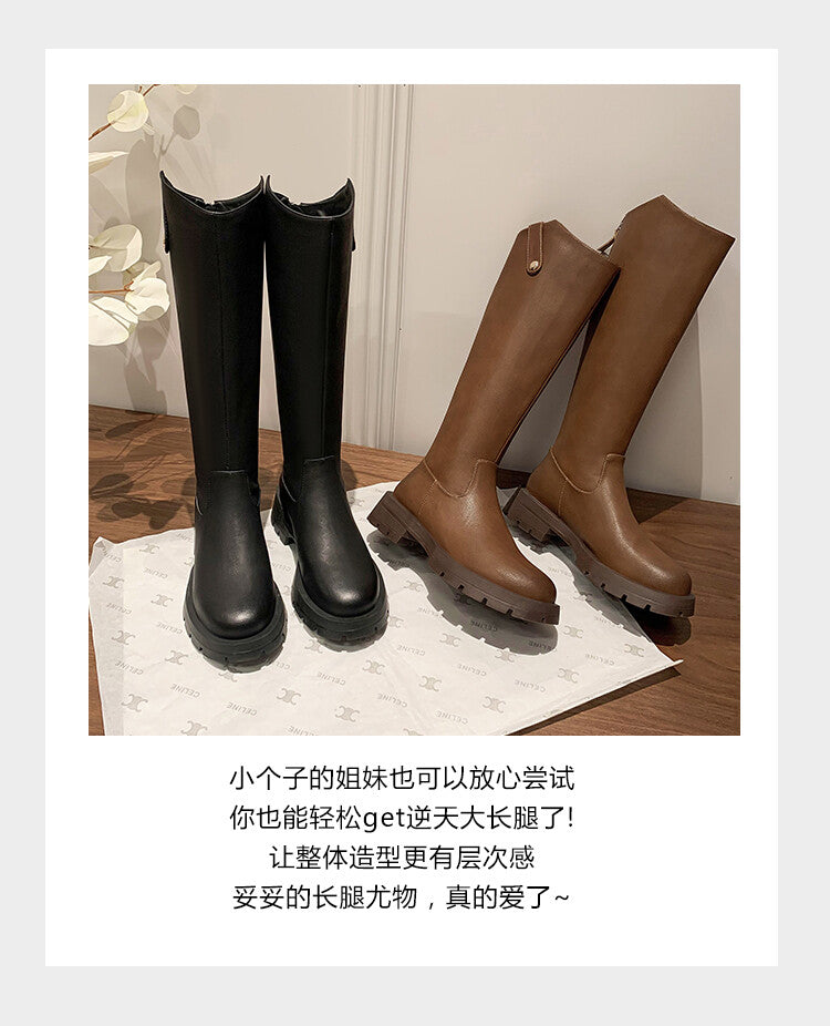 Karin Luna Hot-Selling In Stock   Basic Casual Hot-Selling Round-Toe Long Boots Full Cowhide Leather Long Boots Flat Bottom Hot Sale