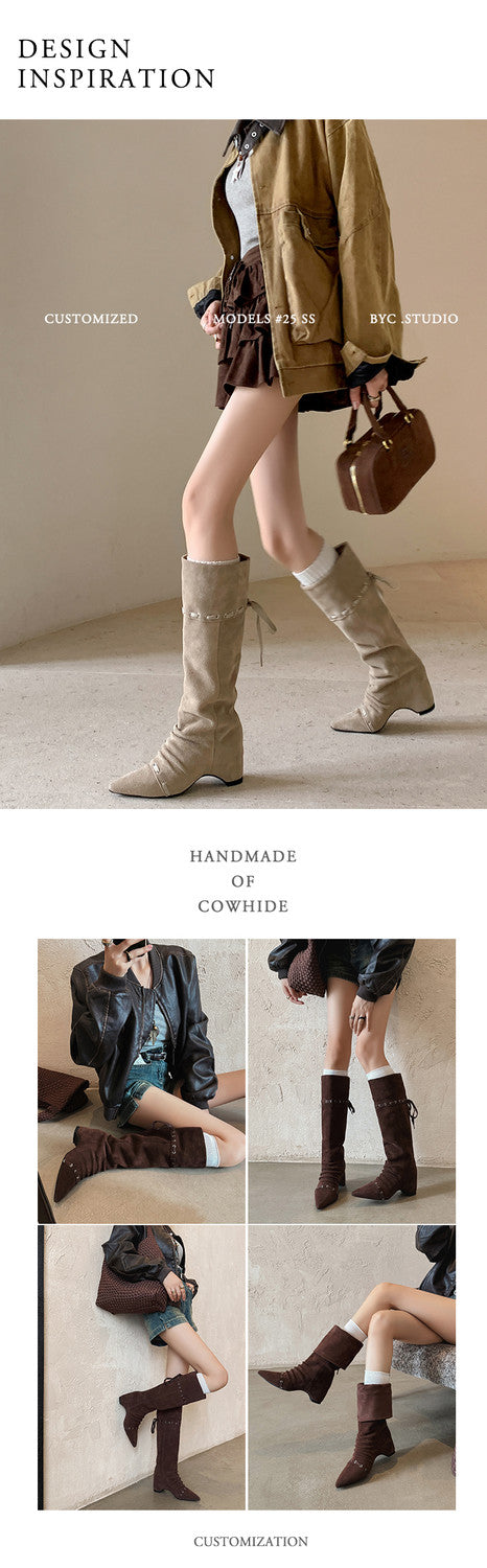 Karin Luna Elegant Style  Pointed Toe Pleated Hidden Wedge Western Boots