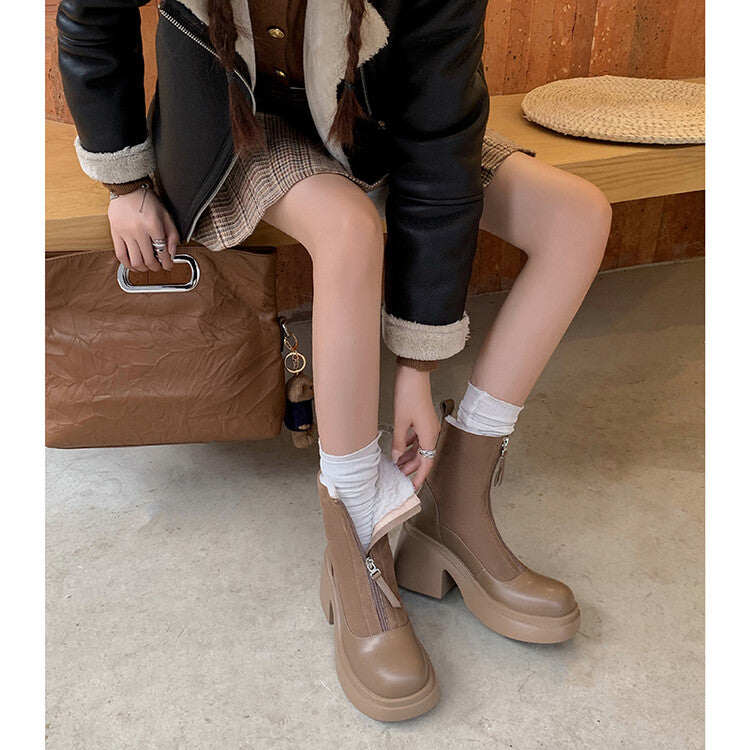 Karin Luna Basic Bestseller Timeless Thick Fur Lined Round Toe Thick Sole Cowhide Snow Boots