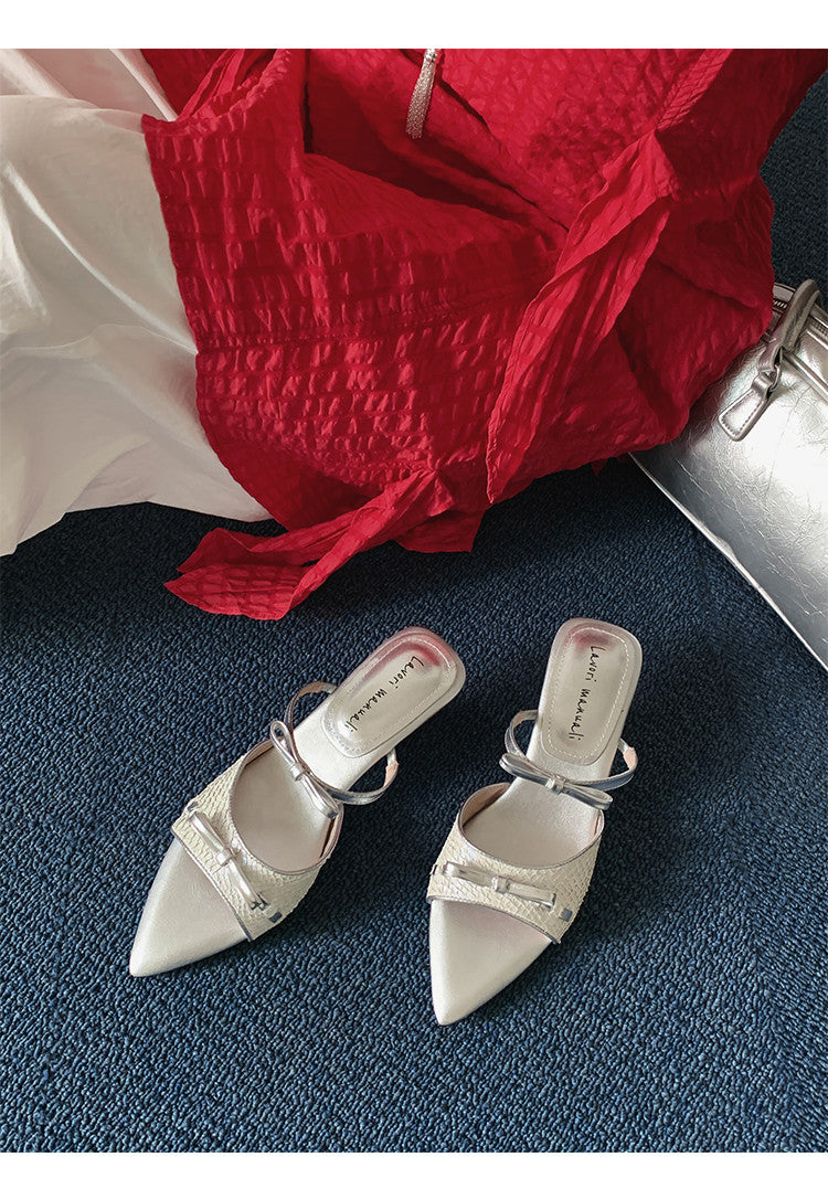 Karin Luna Fish Skin Series~Pointed Toe Irregular Heel Bowknot Strap Slippers