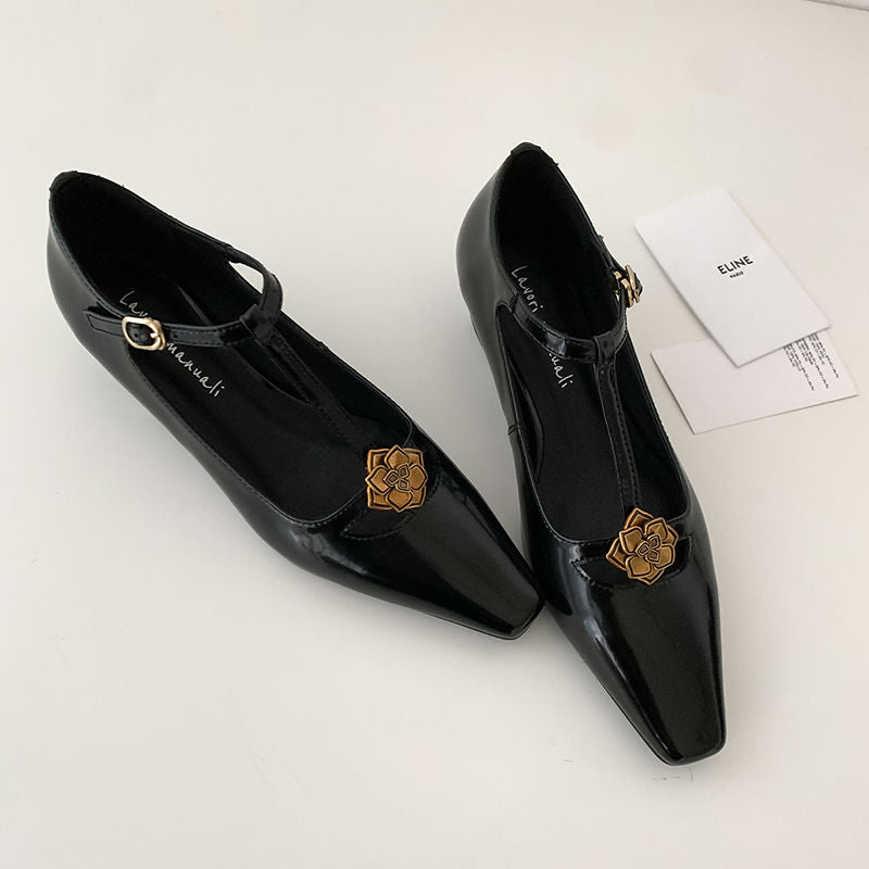 Karin Luna In Stock Spot Goods    Retro Classic Metal Camellia Irregular Heel Single Shoes